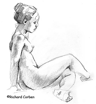 Richard Corben's profile drawing of a woman sitting on the floor leaning back on her arms with her right leg crossed over her left leg