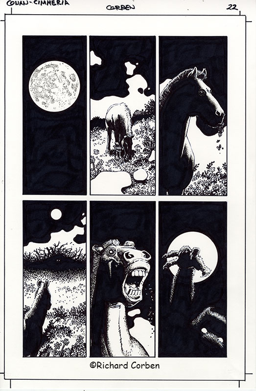 Richard Corben's comic page drawing from Conan-Cimmeria, page 22. Pen, ink and markers.