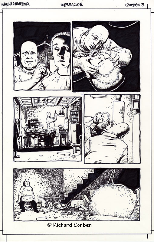 Richard Corben's comic page drawing of Bernice, page 3, from Haunt of Horror. Pen, ink and markers.