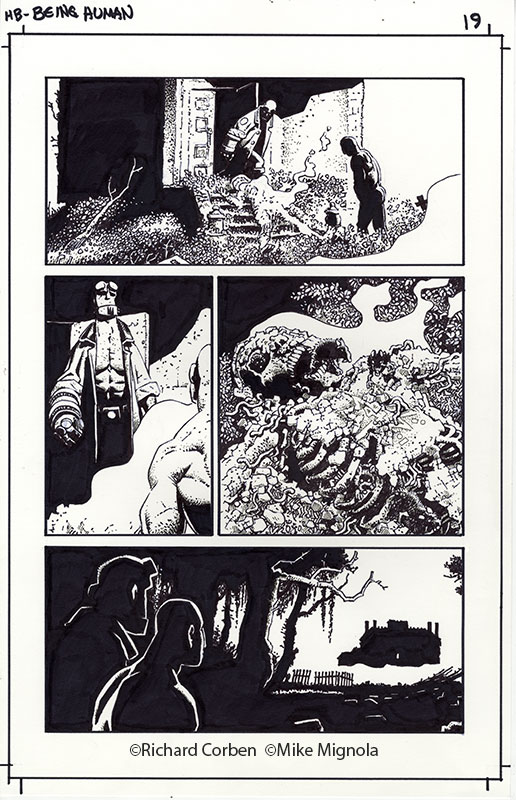 Richard Corben's comic page drawing of Hellboy, Being Human, page 19. Pen, ink and markers.
