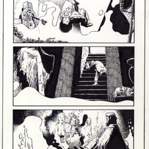 Richard Corben's comic page drawing of Hellboy, House of the Living Dead, page 36. Pen, ink and markers.