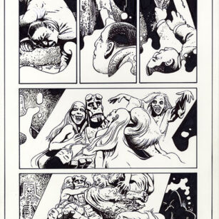 Richard Corben's comic page drawing of Hellboy, House of the Living Dead, page 39. Pen, ink and markers.