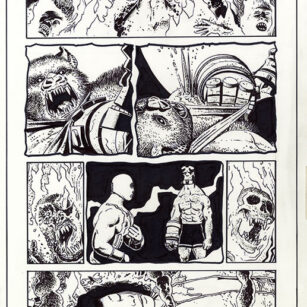Richard Corben's comic page drawing of Hellboy, House of the Living Dead, page 41. Pen, ink and markers.
