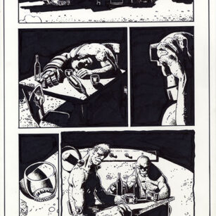 Richard Corben's comic page drawing of Hellboy, House of the Living Dead, page 45. Pen, ink and markers.