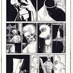 Richard Corben's comic page drawing of Hellboy, House of the Living Dead, page 46. Pen, ink and markers.