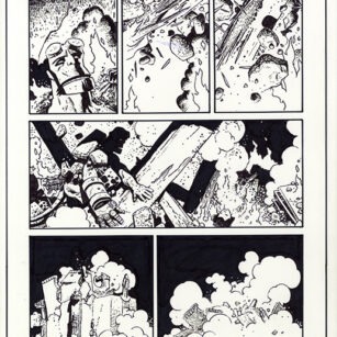 Richard Corben's comic page drawing of Hellboy, House of the Living Dead, page 42. Pen, ink and markers.