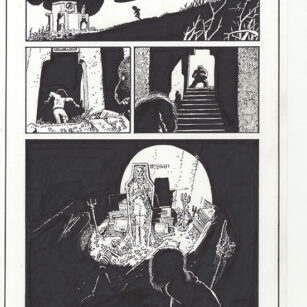 Richard Corben's comic page drawing of Hellboy in House of the Living Dead, page 31. Pen, ink and markers.