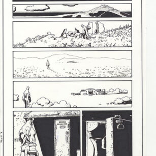 Richard Corben's comic page drawing of Hellboy in House of the Living Dead, page 43. Pen, ink and markers.