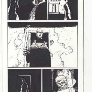 Richard Corben's comic page drawing of Hellboy in House of the Living Dead, page 48. Pen, ink and markers.
